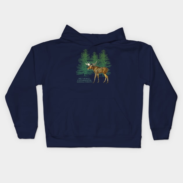 Nez Perce-Clearwater National Forests Moose Tree Silhouette Souvenir Kids Hoodie by Pine Hill Goods